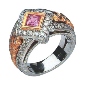Elegant Pink Sapphire Ring 1 Pink Sapphire, 6 Rounds, and 44 Rounds totaling 1.55 Carats in 14k, 18k, and Platinum