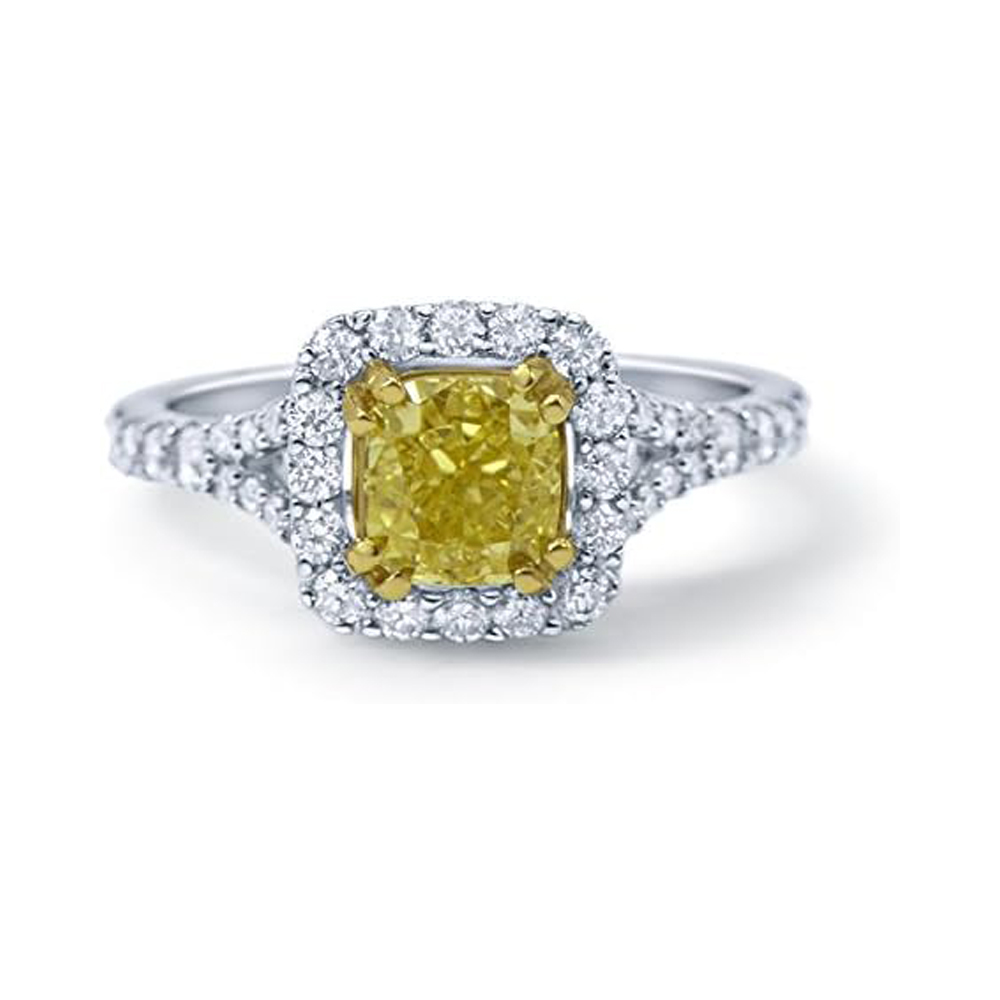 Nakar Cushion Cut Yellow Diamond 18k White Gold Engagement Ring (1.65 ctw)