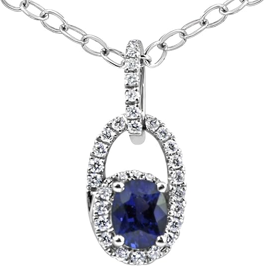 18 Karat White Gold Diamond Oval Blue Sapphire Necklace with Chain (0.48 ctw)
