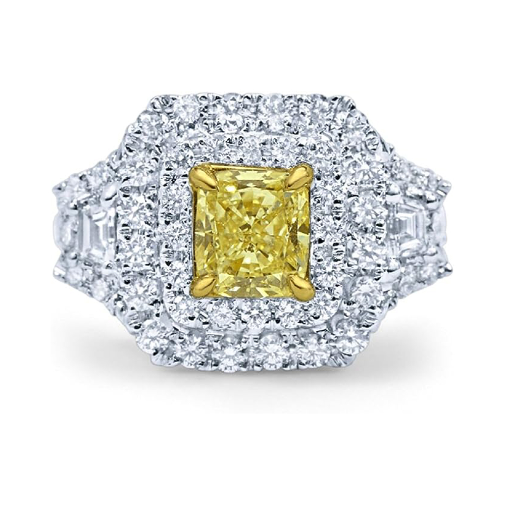 Fancy Yellow Double Halo Diamond Ring in 18 Karat White Gold (1.68 tcw)