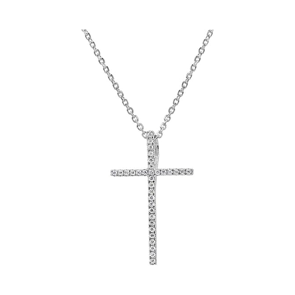 18 Karat White Gold Diamond Cross Pendant With Chain (0.09 Ctw)