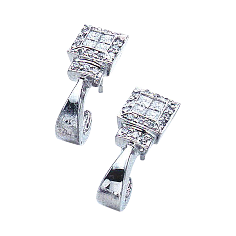 Elegant 18K Gold Earrings with 8 Princess-Cut and 30 Round-Cut Diamonds and it is available in 14k, 18k, and Platinum