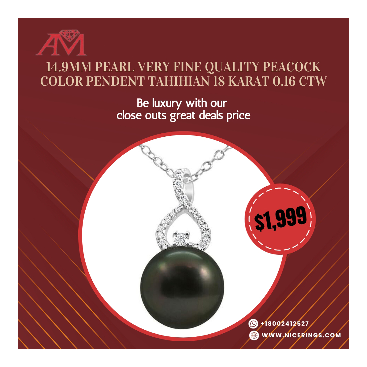 14.9mm Pearl Peacock Color Pendent TAHIHIAN 18 Karat 0.16 Ctw And It Is Available In 14k, 18k, And Platinum